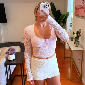 Pink Lace Long Sleeve Crop Top